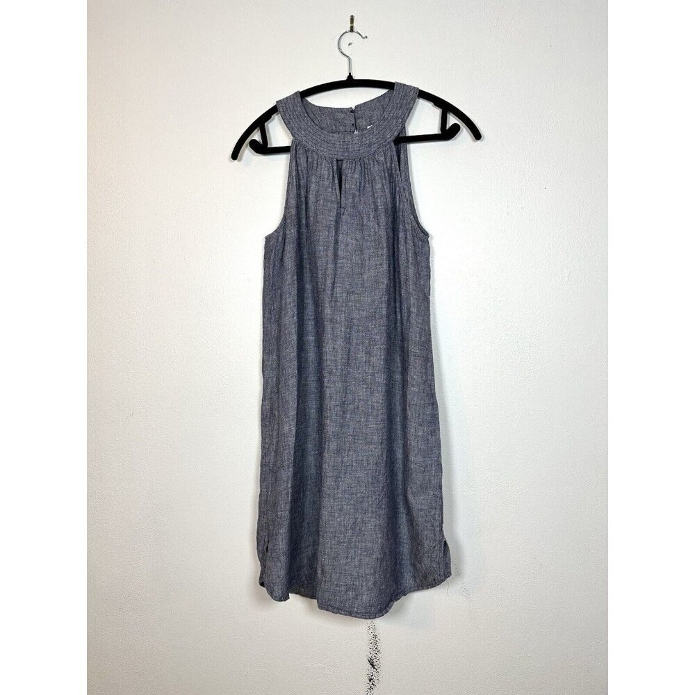 St. Tropez West Dress Small Blue‎ Linen Sleeveless A-Line Keyhole Chambray Vacay